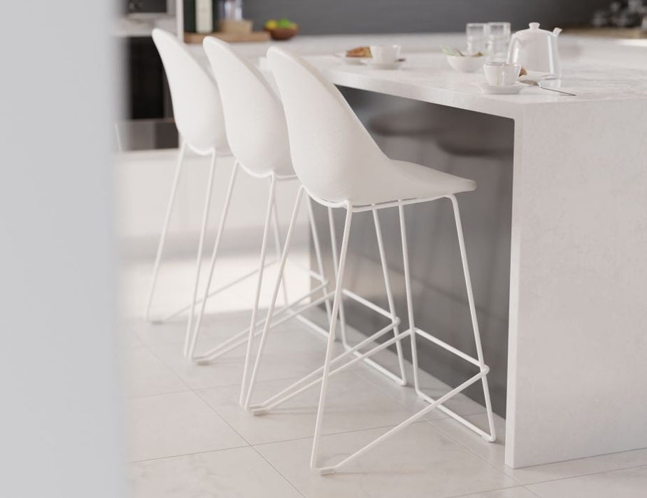 Pebble Stool White Upholstered Seat - Bar Stool 75cm Seat - White Base