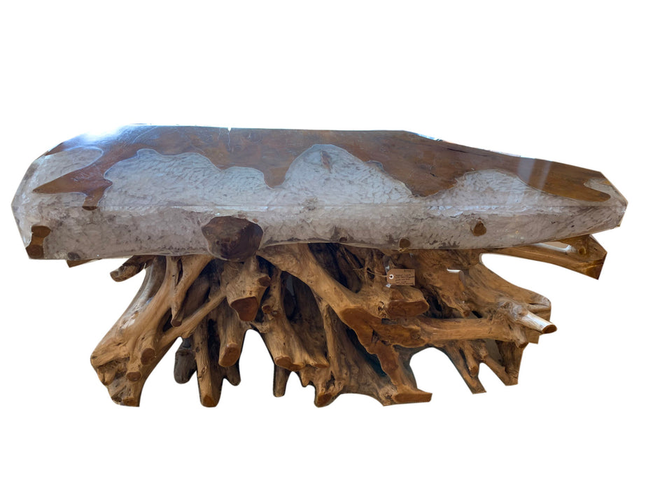 Natural Teak Root Wood Console Table With Resin Top