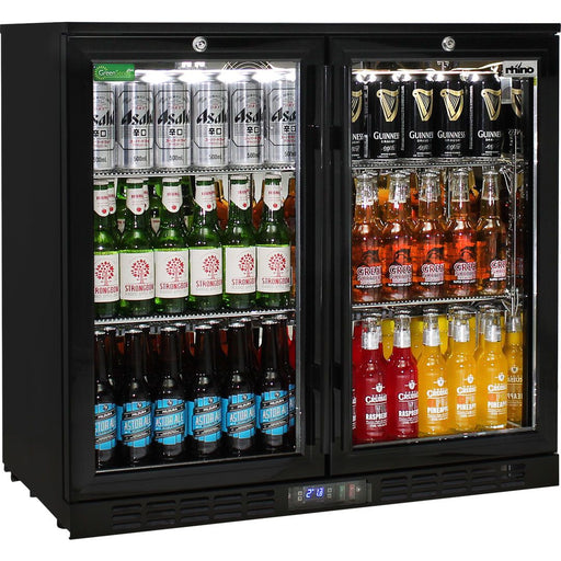 Rhino Commercial Under Bench Black Glass Double Door Bar Fridge Energy Efficient (Model: SG2H-B)