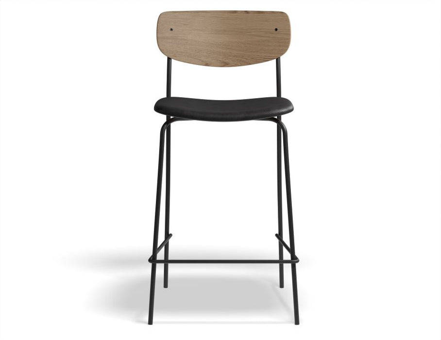 Rylie Stool - Padded Seat with Natural Backrest - 65cm Kitchen Height - Black Vegan Leather Seat