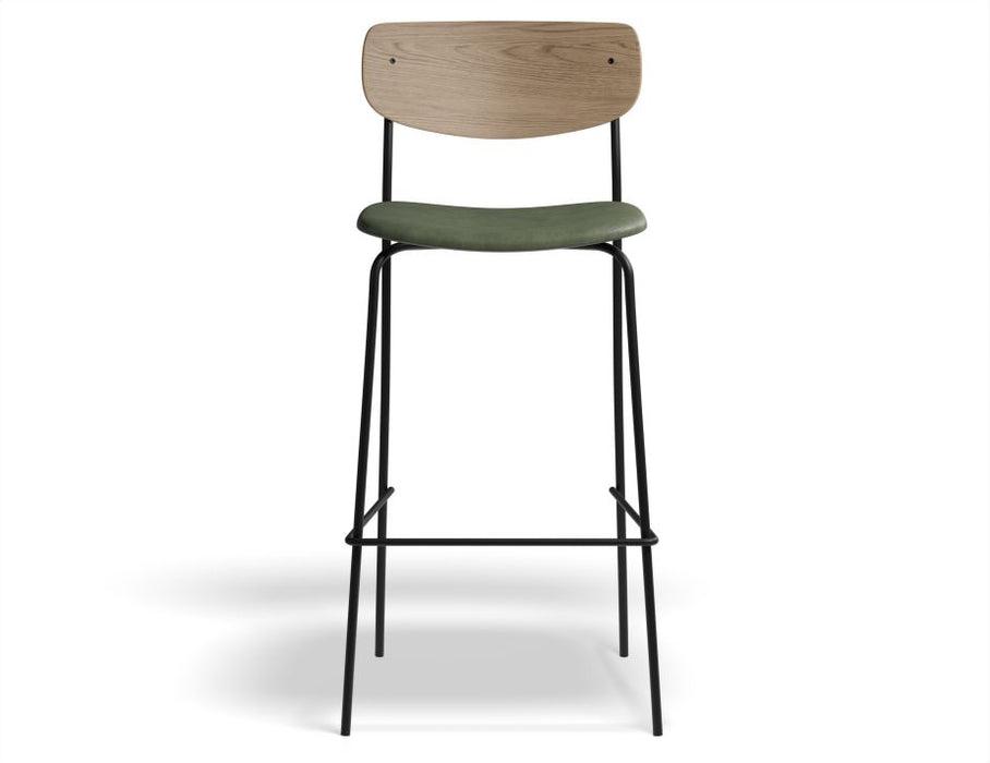 Rylie Stool - Padded Seat with Natural Backrest - 75cm Bar Height - Green Vegan Leather Seat