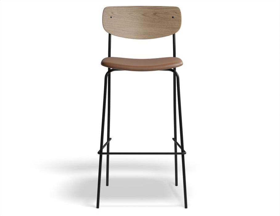 Rylie Stool - Padded Seat with Natural Backrest - 75cm Bar Height - Black Vegan Leather Seat