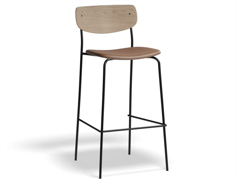 Rylie Stool - Padded Seat with Natural Backrest - 75cm Bar Height - Grey Vegan Leather Seat