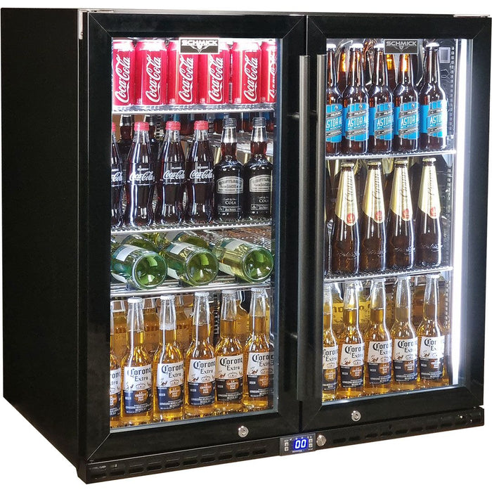 Schmick Black Quiet Running Front Venting Under Bench Heated Glass 2 Door Bar Fridge (Model: SK245-B-HD)