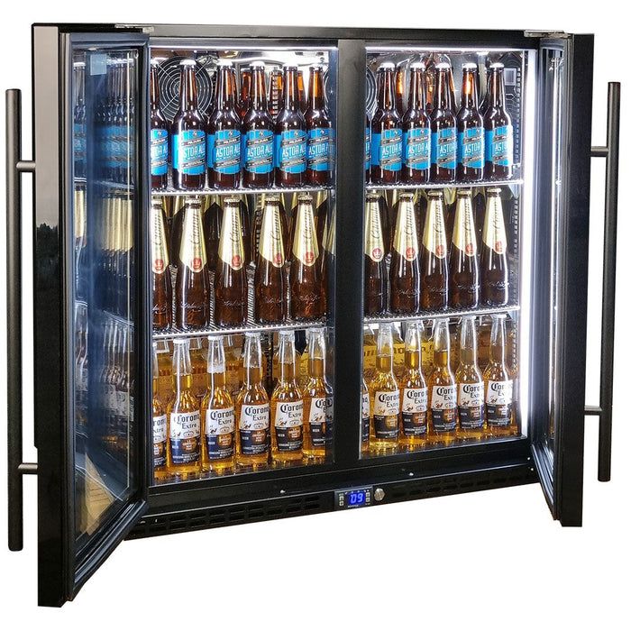 Schmick Black Quiet Running Front Venting Under Bench Heated Glass 2 Door Bar Fridge (Model: SK245-B-HD)