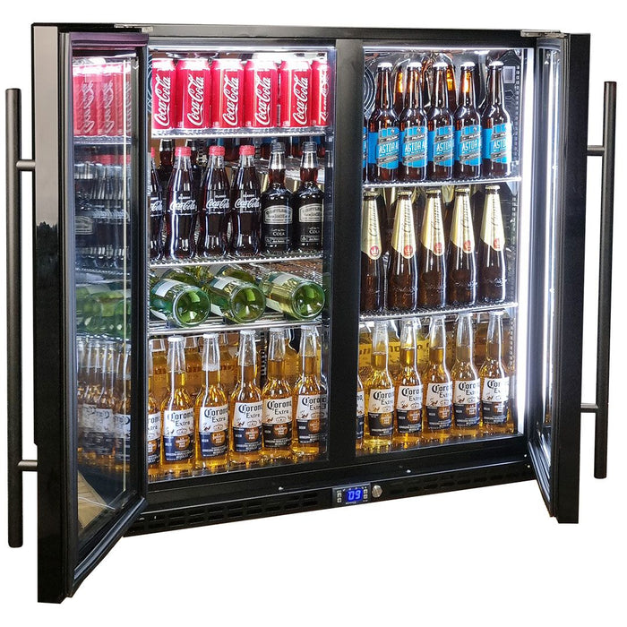 Schmick Black Quiet Running Front Venting Under Bench Heated Glass 2 Door Bar Fridge (Model: SK245-B-HD)