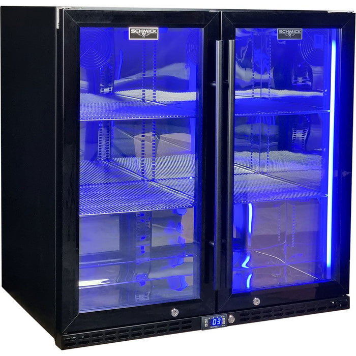 Schmick Black Quiet Running Front Venting Under Bench Heated Glass 2 Door Bar Fridge (Model: SK245-B-HD)