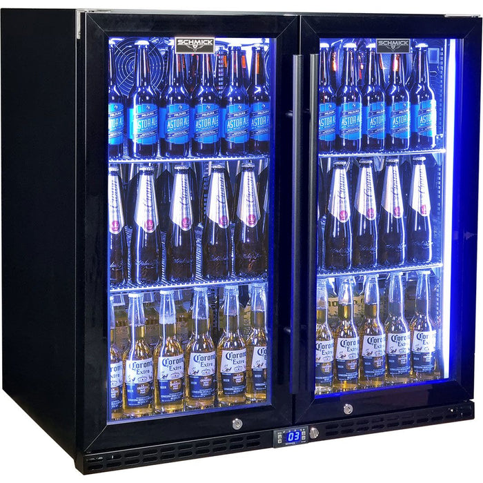 Schmick Black Quiet Running Front Venting Under Bench Heated Glass 2 Door Bar Fridge (Model: SK245-B-HD)