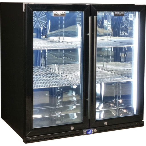 Schmick Black Quiet Running Front Venting Under Bench Heated Glass 2 Door Bar Fridge (Model: SK245-B-HD)