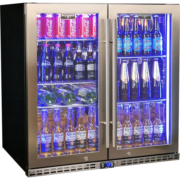 Schmick Quiet Running Front Venting Under Bench Heated Glass 2 Door Bar Fridge (Model: SK245-HD)