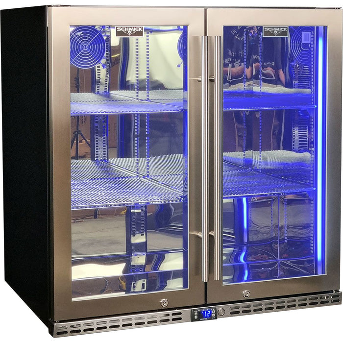 Schmick Quiet Running Front Venting Under Bench Heated Glass 2 Door Bar Fridge (Model: SK245-HD)