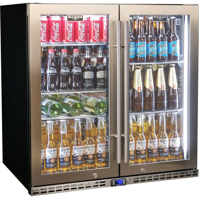 Schmick Quiet Running Front Venting Under Bench Heated Glass 2 Door Bar Fridge (Model: SK245-HD)