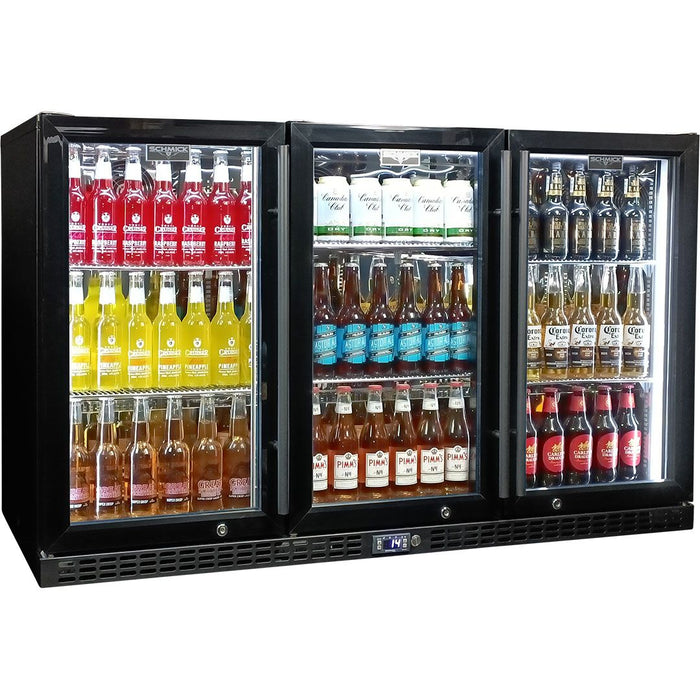 Schmick Black 3 Door Quiet Running Heated Glass Door Bar Fridge (Model: SK386-B-HD)