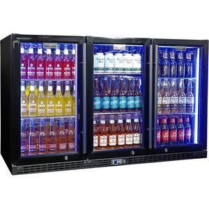 Schmick Black 3 Door Quiet Running Heated Glass Door Bar Fridge (Model: SK386-B-HD)