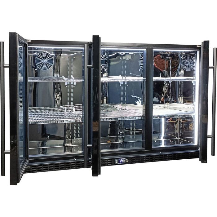 Schmick Black 3 Door Quiet Running Heated Glass Door Bar Fridge (Model: SK386-B-HD)