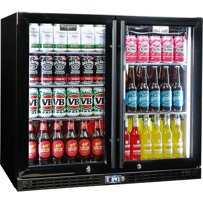 Schmick Twin Door Quiet Running Black Heated Glass Door Bar Fridge (Model: SK206-B-HD)