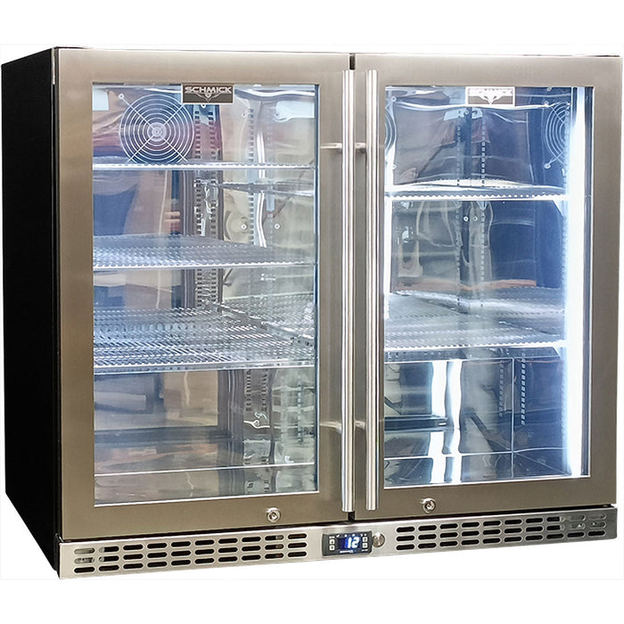 Schmick Twin Door Quiet Running Stainless Steel Triple Glazed Glass Door Bar Fridge - Low Height (Model: SK206-SS)