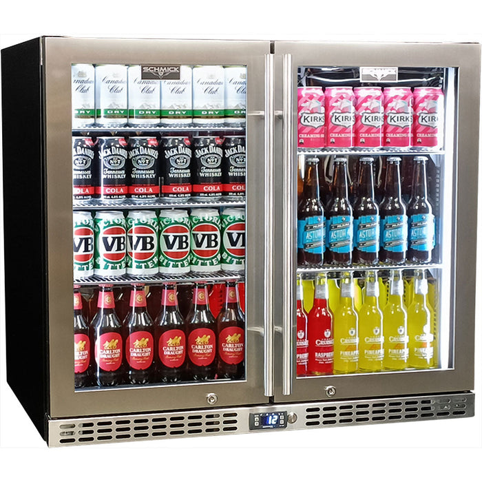 Schmick Twin Door Quiet Running Stainless Steel Triple Glazed Glass Door Bar Fridge - Low Height (Model: SK206-SS)