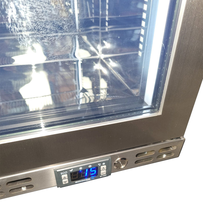 Schmick Stainless Steel Quiet Front Venting Under Bench Heated Glass Door Bar Fridge (Model: SK146R-HD)