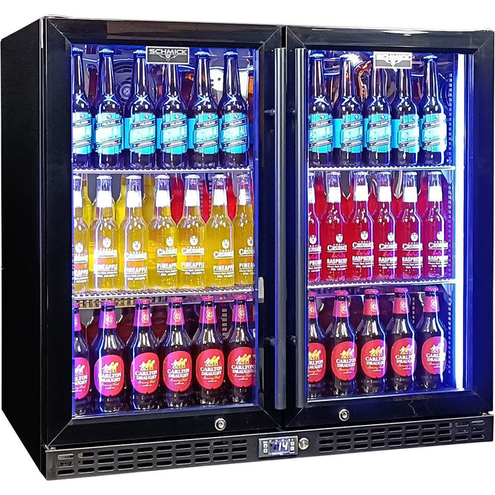 Schmick Twin Door Quiet Running Black Heated Glass Door Bar Fridge (Model: SK246-B-HD)