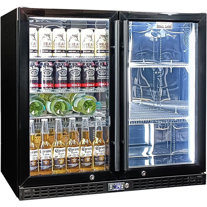 Schmick Twin Door Quiet Running Black Heated Glass Door Bar Fridge (Model: SK246-B-HD)