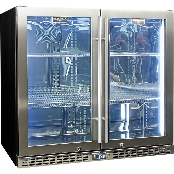 Schmick Twin Door Quiet Running Stainless Steel Heated Glass Door Bar Fridge (Model: SK246-HD)