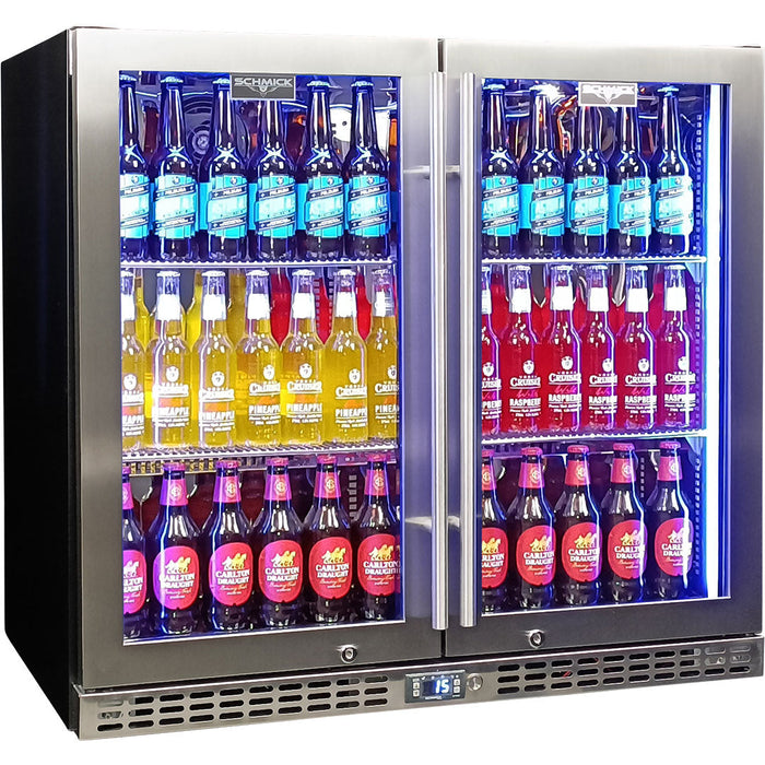 Schmick Twin Door Quiet Running Stainless Steel Heated Glass Door Bar Fridge (Model: SK246-HD)