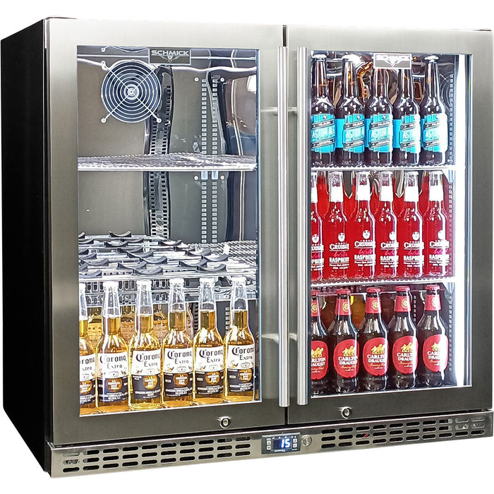Schmick Twin Door Quiet Running Stainless Steel Heated Glass Door Bar Fridge (Model: SK246-HD)