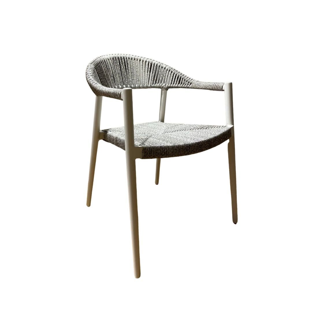 [Brand] woven chair with metal frame, angled armrests, white background.