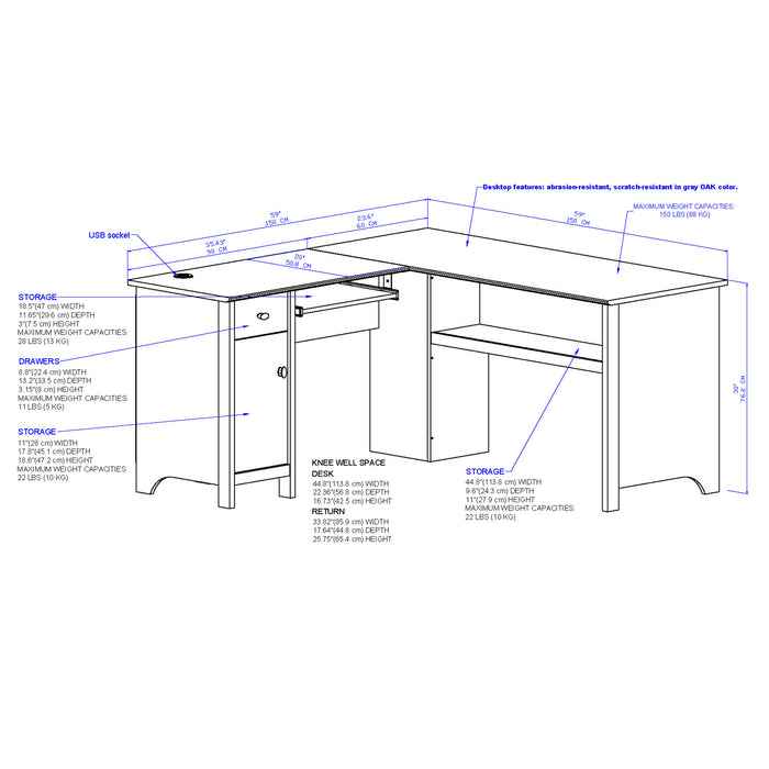 Beanca L-Shape Desk With Usb Charging Socket