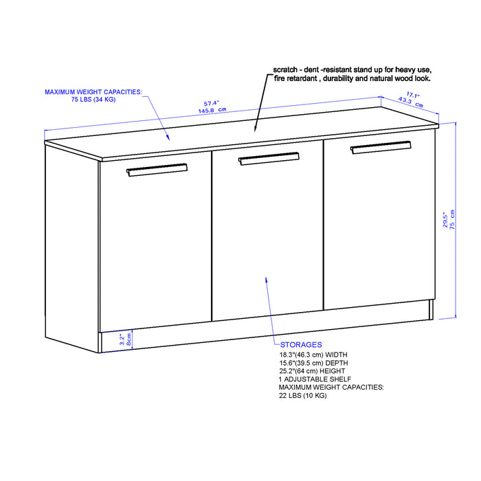 Alaska 3 Door Credenza - White