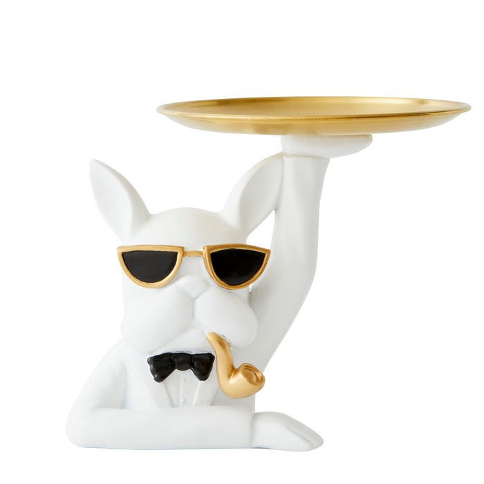Bulldog with Pipe Tray, White - Brass