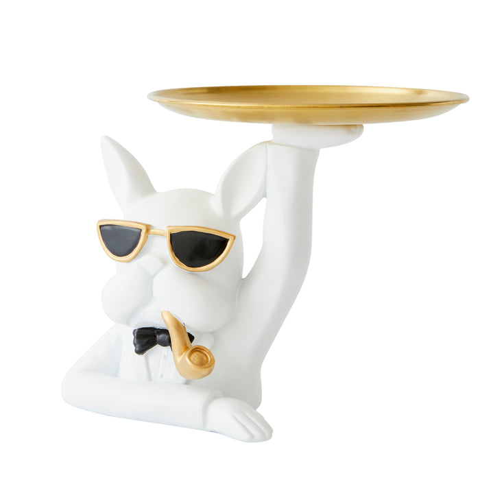Bulldog with Pipe Tray, White - Brass