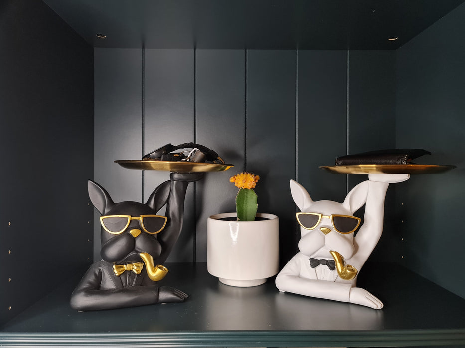 Bulldog with Pipe Tray, White - Brass