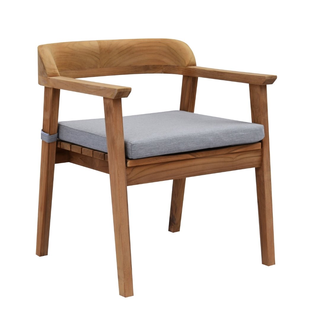 [Brand] wooden chair with gray cushion and modern design.