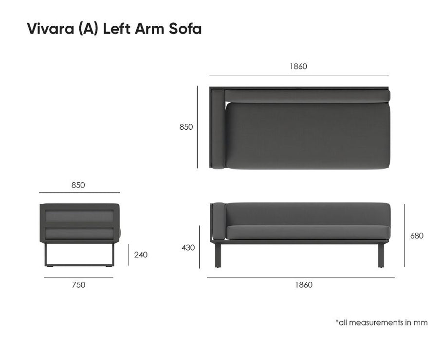 Vivara Sofa - Charcoal - Modular Section A - Left Arm