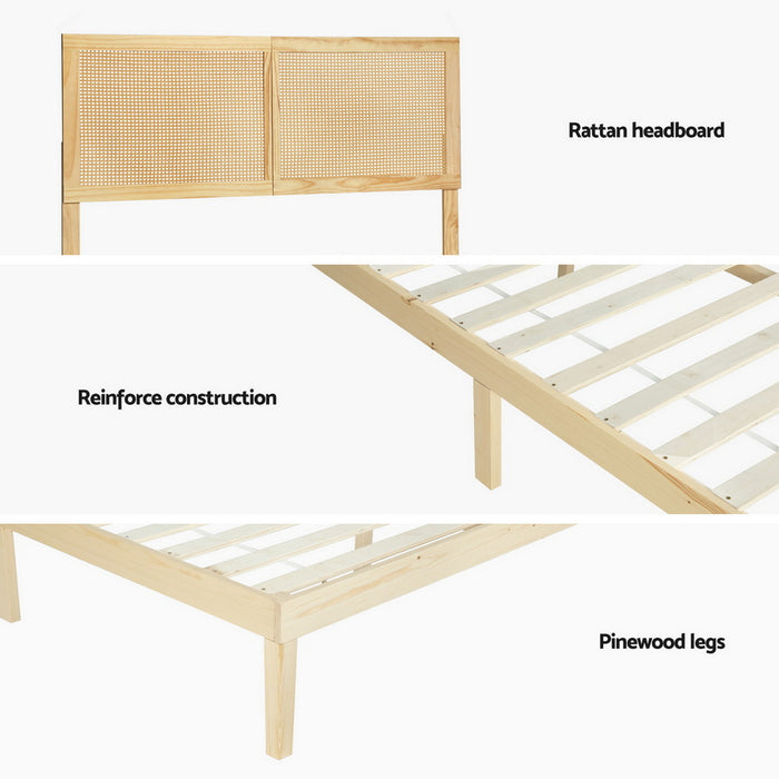 Artiss Bed Frame Queen Size with Rattan Headboard Wooden Bed Base BRUNO