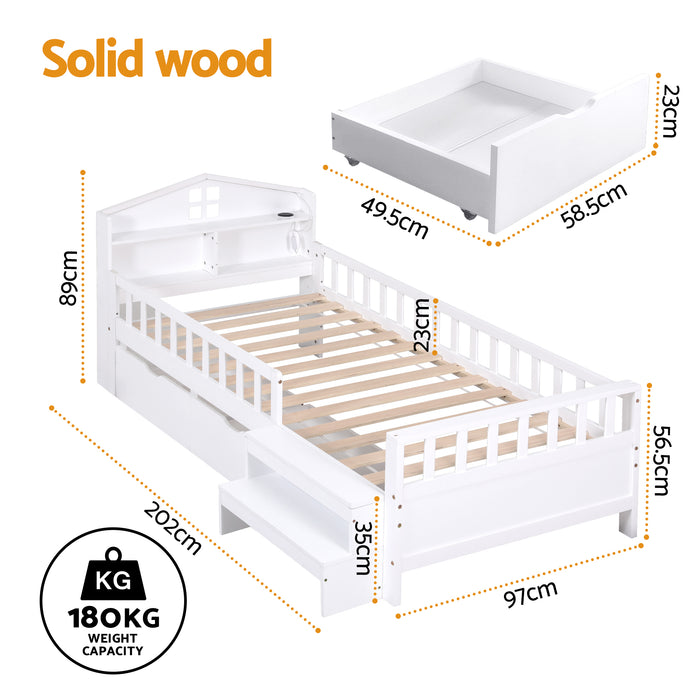 Artiss Single Bed Frame with 2 Storage Drawers, Montessori Bed with Headboard, 2 USB Ports & Led Light, Solid Wood Platform Bed Base with Safety Rail & Ladder, 31CM Under-Bed Storage, White