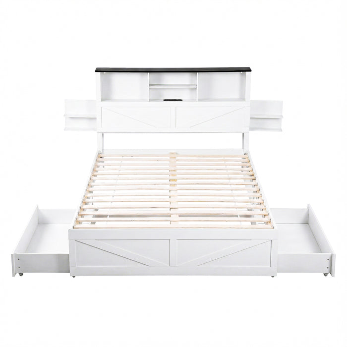 Artiss Double Bed Frame with Storage Drawers White Platform Bedframe with Bookcase Headboard Charging Station Led Light