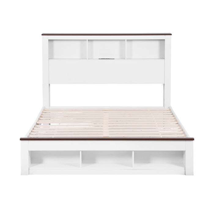 Artiss Queen Bed Frame with Storage Bookcase Headboard and Footboard White Wooden Platform Bed with Charging Station and Led Light Bedroom Furniture