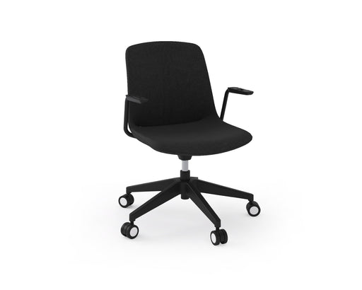 Vista Swivel Chair fully upholstered in black with black castor base, angled view