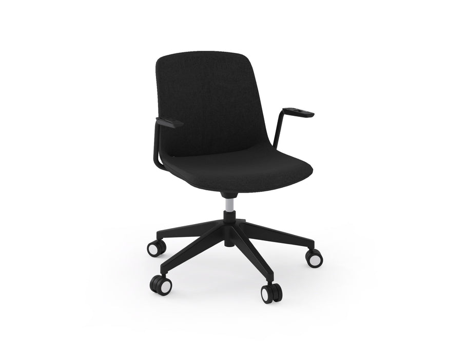 Vista Swivel Chair fully upholstered in black with black castor base, angled view