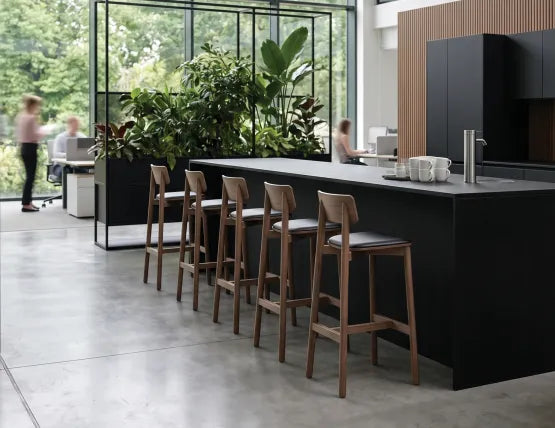 Andi Bar Stool - Walnut - Upholstered - 66cm Seat Height Vintage Black Vegan leather Seat Pad