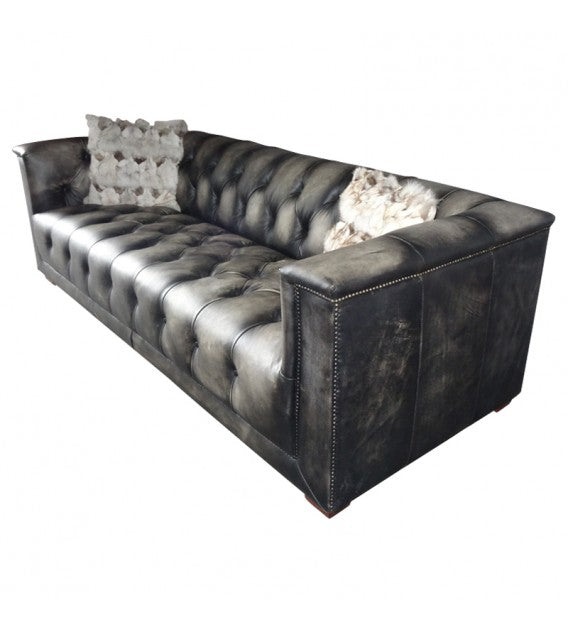 Dark Knight Distressed Black Leather Chesterfield Lounge - 3 Seat