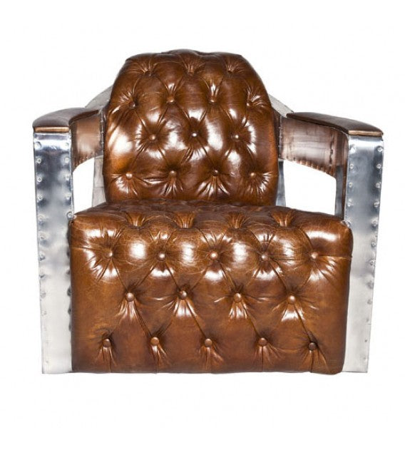 Regal Aviator Aluminium And Brown Leather Chesterfield Club Armchair