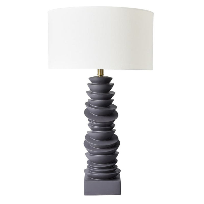 Stacked gray ceramic lamp with white shade by [Brand].