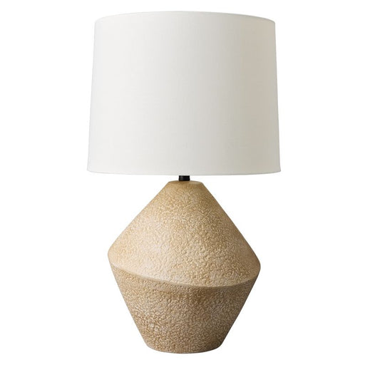[Brand] lamp with textured beige base, white fabric shade.