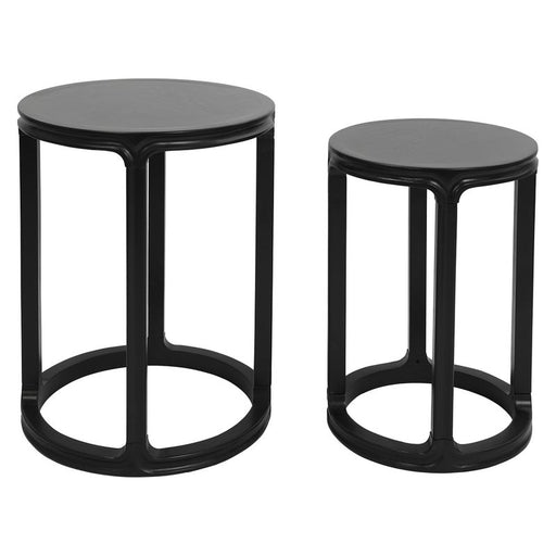 Two black [Brand] nesting tables with round tops.