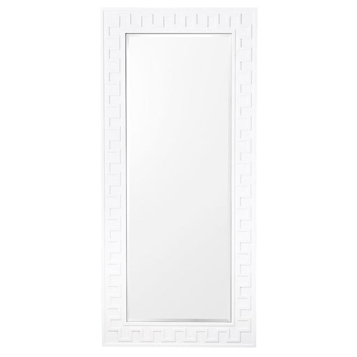 Elegant white mirror with geometric border design by [Brand].