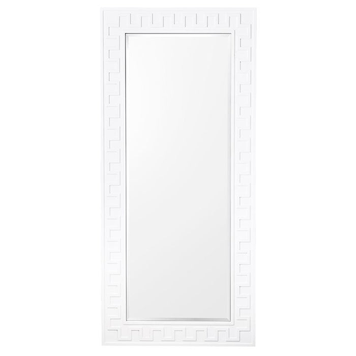 Elegant white mirror with geometric border design by [Brand].